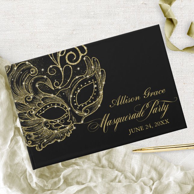 Quinceanera Masquerade Party Gold Black Guest Book (Creator Uploaded)