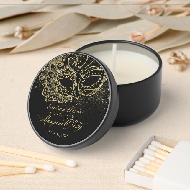 Quinceañera Masquerade Party Gold Black  Mini Candle Favors (Insitu)
