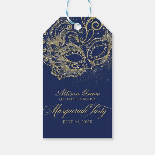 Quinceanera Masquerade Party Gold Blue Gift Tags