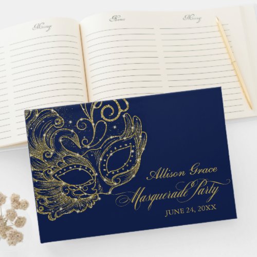 Quinceanera Masquerade Party Gold Blue Guest Book