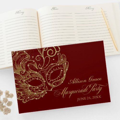 Quinceanera Masquerade Party Gold Burgundy Guest Book