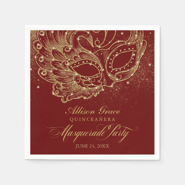 Quinceanera Masquerade Party Gold Burgundy Napkins (Front)