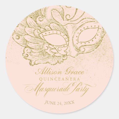 Quinceanera Masquerade Party Gold Pink Classic Round Sticker