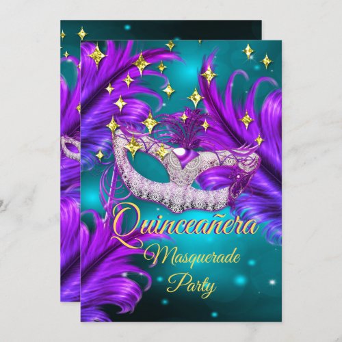 Quinceanera Masquerade party mask Teal Purple gold Invitation