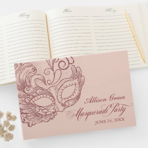 Quinceanera Masquerade Party Rose Gold Pink Guest Book