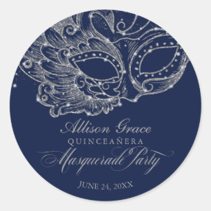Quinceanera Masquerade Party Silver Blue Classic Round Sticker