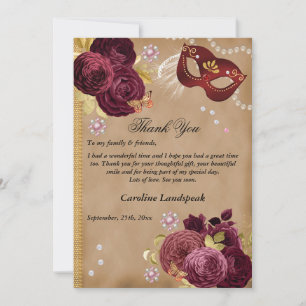 Quinceañera Masquerade, Photo & Red English Roses Thank You Card