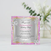 Quinceanera Masquerade Pink Gold Snowflakes Silver Invitation (Standing Front)