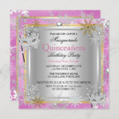 Quinceanera Masquerade Pink Gold Snowflakes Silver Invitation (Front/Back)