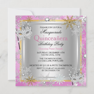 Quinceanera Masquerade Pink Gold Snowflakes Silver Invitation