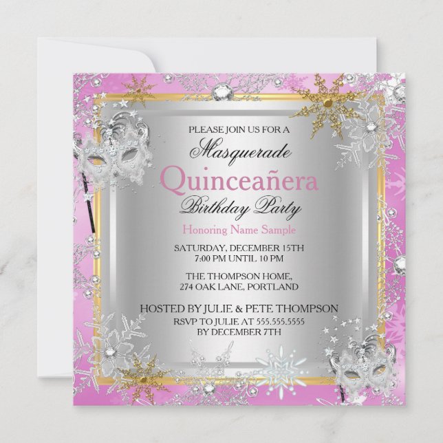 Quinceanera Masquerade Pink Gold Snowflakes Silver Invitation (Front)