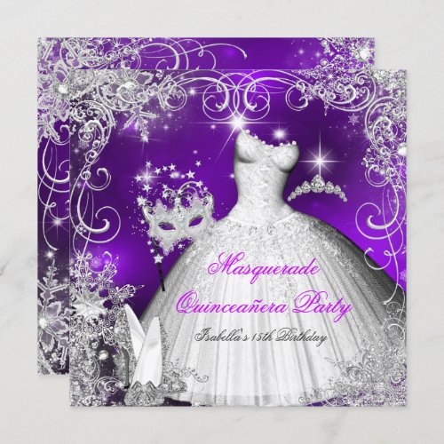 Quinceanera Masquerade Purple White Snowflakes 2 Invitation