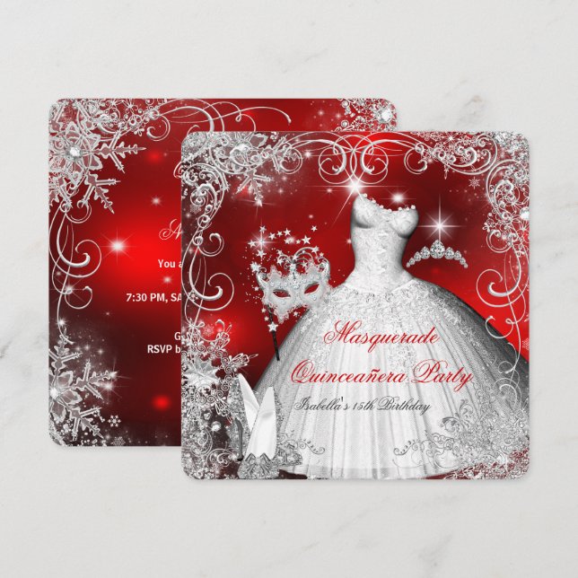 Quinceanera Masquerade Red White Snowflakes 2 Invitation (Front/Back)