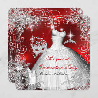 Quinceanera Masquerade Red White Snowflakes 2 Invitation