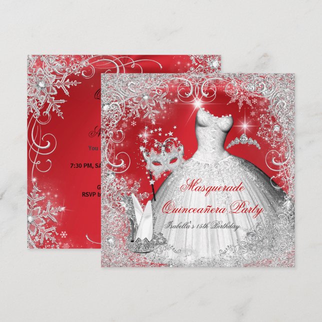 Quinceanera Masquerade Red White Snowflakes Invitation (Front/Back)