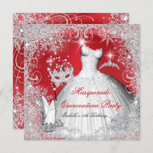 Quinceanera Masquerade Red White Snowflakes Invitation