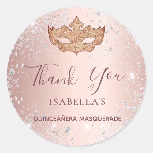 Quinceanera masquerade rose gold glitter Thank You Classic Round Sticker