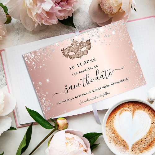 Quinceanera masquerade rose gold mask save the date