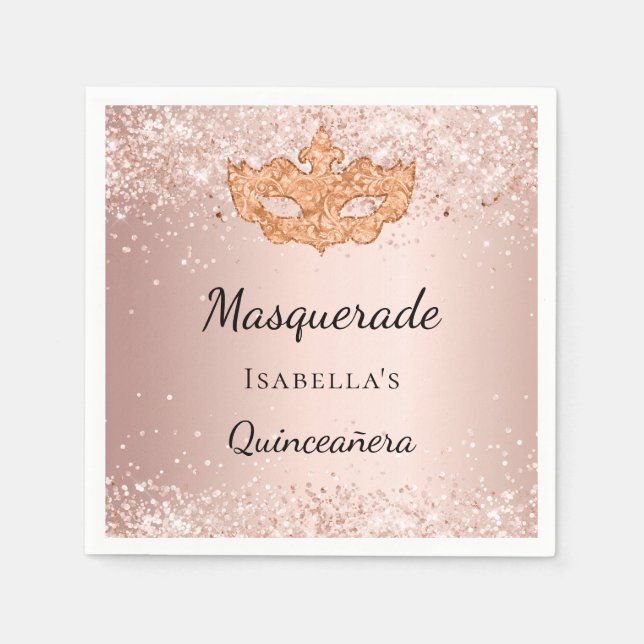 Quinceanera masquerade rose gold party napkins (Front)