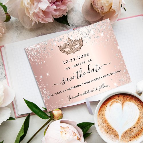 Quinceanera masquerade rose gold save the date announcement postcard