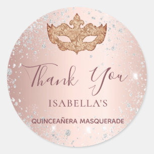 Quinceanera masquerade rose gold silver Thank You Classic Round Sticker