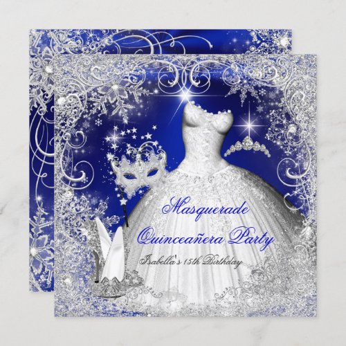 Quinceanera Masquerade Royal Blue White Snowflakes Invitation