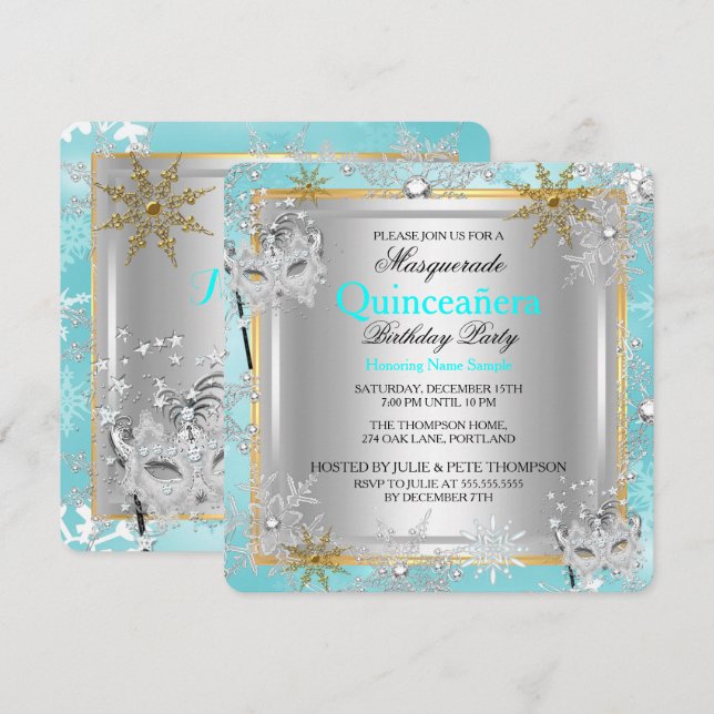 Quinceanera Masquerade Teal Gold Snowflakes Silver Invitation (Front/Back)