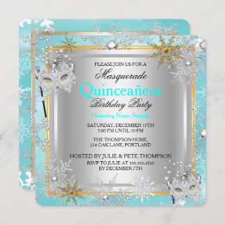 Quinceanera Masquerade Teal Gold Snowflakes Silver Invitation