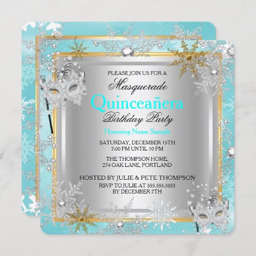 Quinceanera Masquerade Teal Gold Snowflakes Silver Invitation