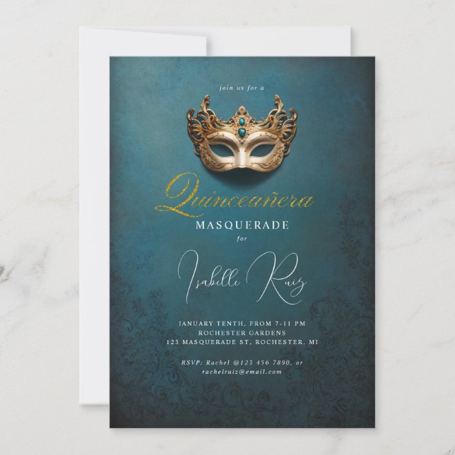 Quinceañera masquerade venetian mask invitation (Front)