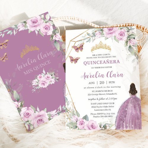Quinceaera Mauve Floral Butterfly Princess Dress Invitation