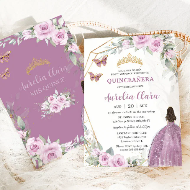 Quinceañera Mauve Floral Butterfly Princess Dress Invitation Zazzle 2506