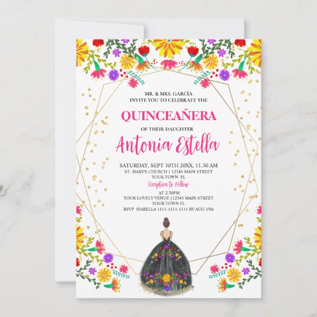 Quinceanera Mexican Fiesta Black Princess Dress  Invitation (Front)