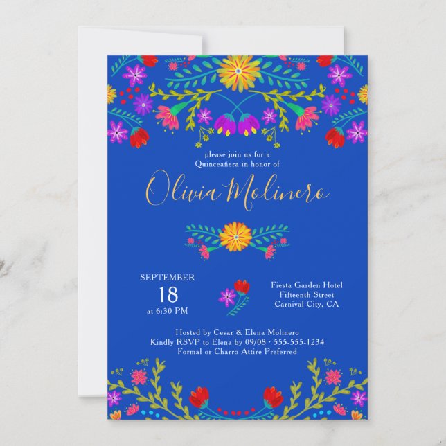 Quinceanera Mexican Fiesta Colorful Floral Blue Invitation (Front)