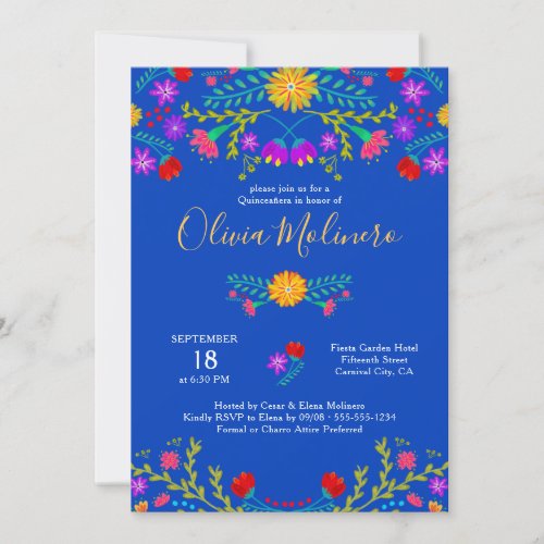 Quinceanera Mexican Fiesta Colorful Floral Blue Invitation
