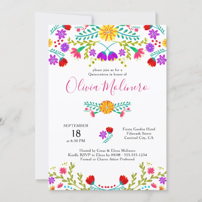Quinceanera Mexican Fiesta Colorful Floral White Invitation (Front)