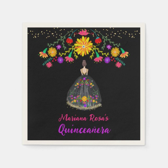 Quinceanera Mexican Fiesta Floral Birthday Napkins (Front)
