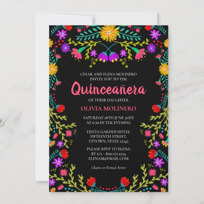 Quinceanera Mexican Fiesta Floral Black Birthday Invitation