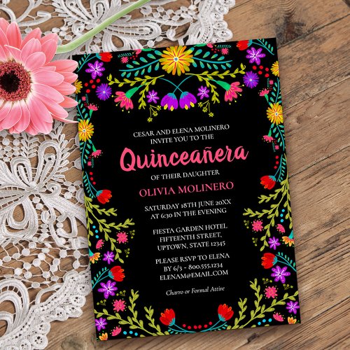 Quinceanera Mexican Fiesta Floral Black Birthday Invitation