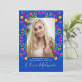 Quinceanera Mexican Fiesta Floral Blue Photo Invitation (Standing Front)