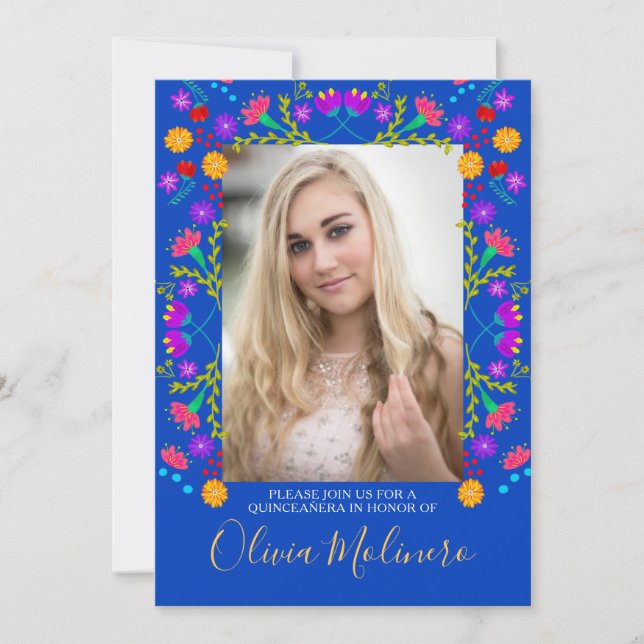 Quinceanera Mexican Fiesta Floral Blue Photo Invitation (Front)