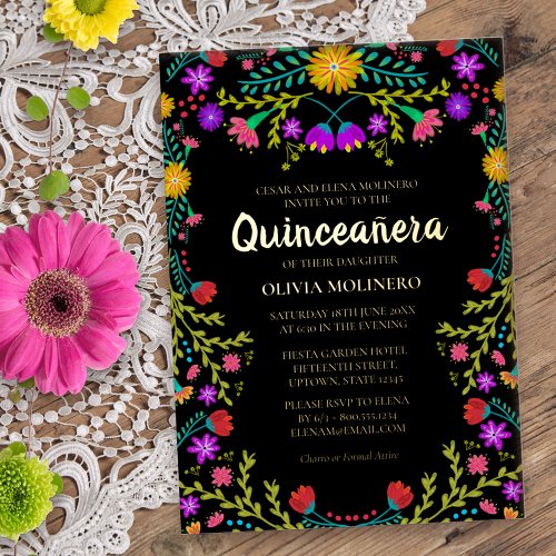 Quinceanera Mexican Fiesta Floral Real Gold Foil Invitation