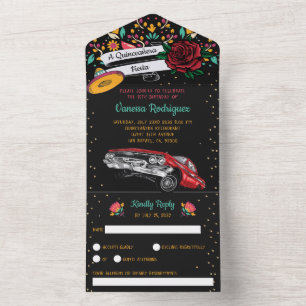 Quinceañera mexican fiesta floral red lowrider all in one invitation