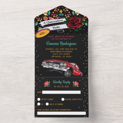 Quinceaera mexican fiesta floral red lowrider all in one invitation