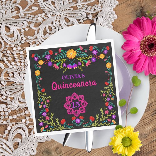 Quinceanera Mexican Fiesta Flowers Black Birthday Napkins