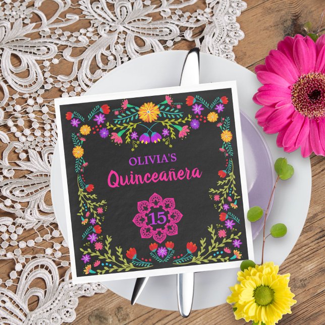 Quinceanera Mexican Fiesta Flowers Black Birthday Napkins (Quinceanera napkins from my Mexican Fiesta Floral collection
)