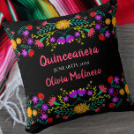 Quinceanera Mexican Fiesta Flowers Black Throw Pillow<br><div class="desc">Quinceañera pillow with Mexican fiesta flowers - or feel free to customize as a beautiful keepsake gift to celebrate any occasion. This colorful and vibrant Quinceanera pillow has Mexican folk art flowers in pink purple yellow red blue and green. The template is set up ready for you to personalize, with...</div>