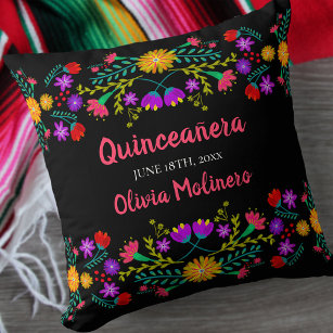 Quinceanera Mexican Fiesta Flowers Black Throw Pillow