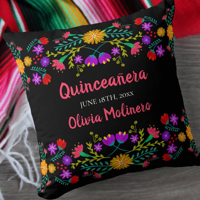 Quinceanera Mexican Fiesta Flowers Black Throw Pillow (Creator Uploaded)