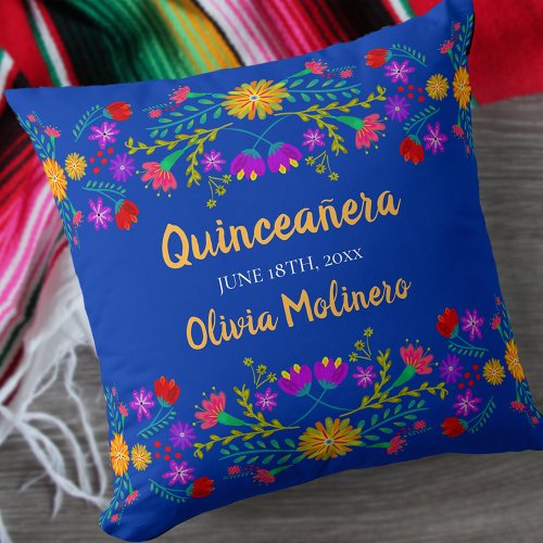 Quinceanera Mexican Fiesta Flowers Blue Throw Pillow